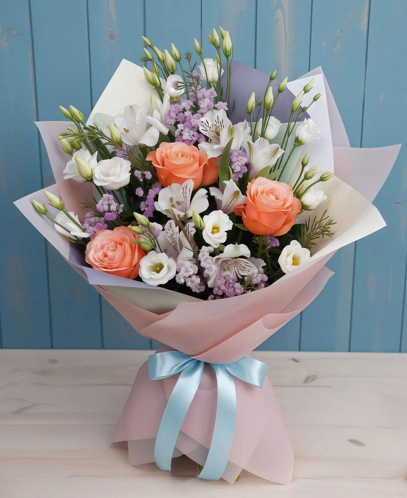 Букет цветов из: Лизиантусы, Розы, Альстромерии и Гипсофила в Усть-Джегуте