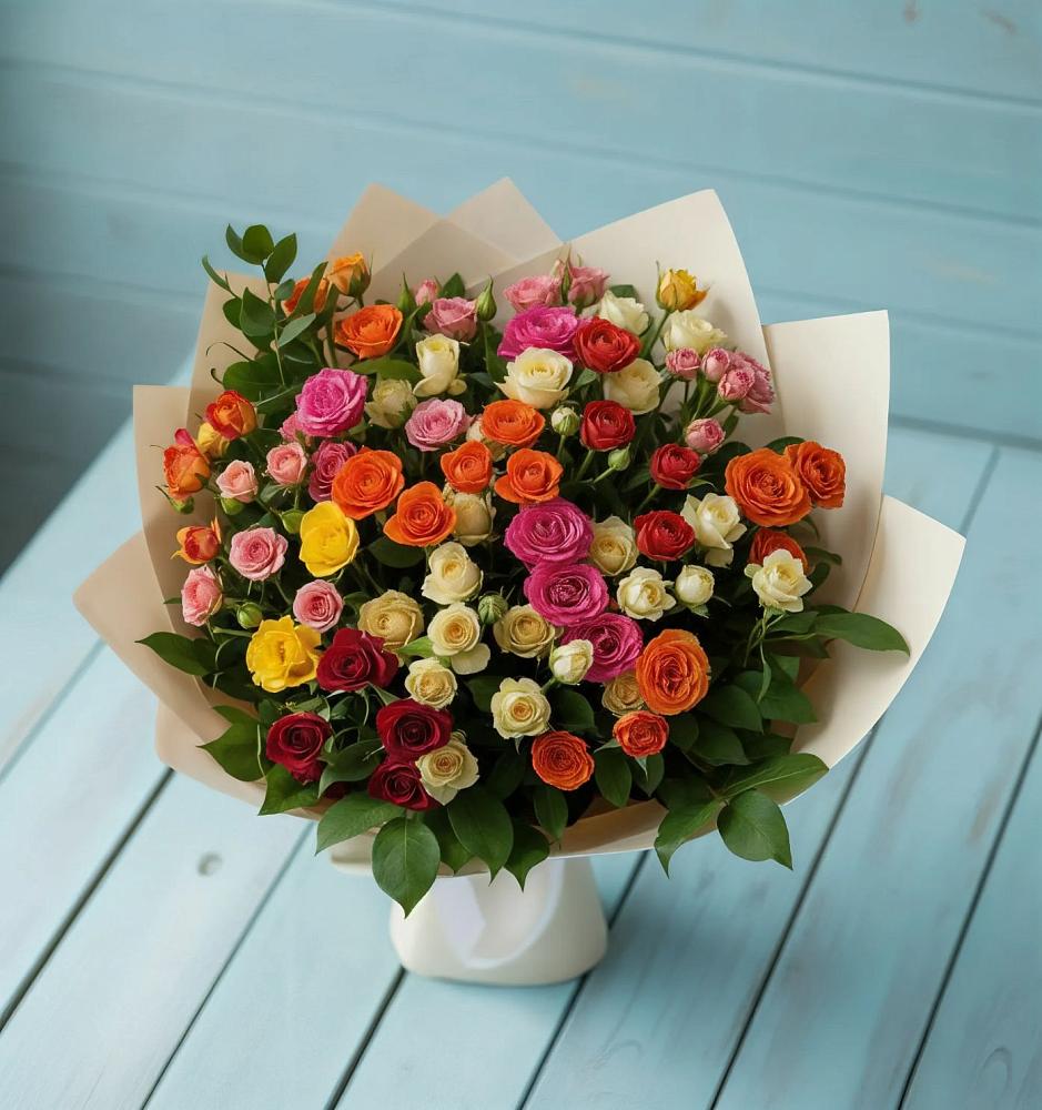 Букет Микс из разноцветных кустовых роз в Усть-Джегуте