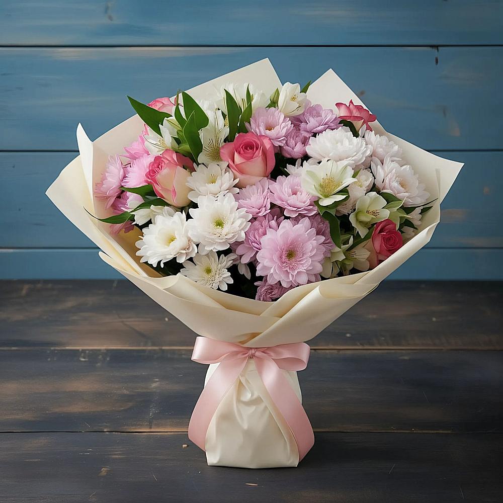 Букет цветов из: Хризантемы, Альстромерии и Розы в Усть-Джегуте